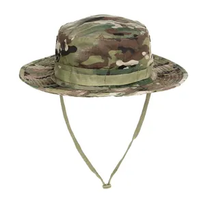 Tactical Multicam boonie hat with wide brim and adjustable chin strap for outdoor fishing