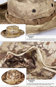 Detail of metal ventilation eyelets and adjustable windproof drawstring on camo boonie hat