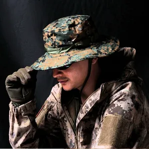 Tactical camouflage boonie hat with wide brim and adjustable chin strap for outdoors