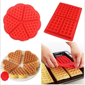 Red silicone waffle mold set with heart and rectangle shapes for DIY baking cakes