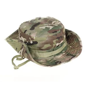 Tactical camouflage boonie hat with wide brim and adjustable chin strap for outdoors