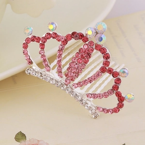 Sparkling pink rhinestone crown hair comb for girls in a polished silver-tone finish