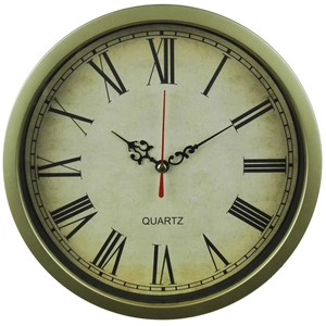 Detail view of gold round wall clock with Roman numerals and antique parchment style dial