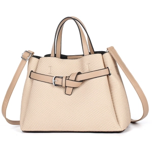 Women's woven tote bag in beige with tan leather straps and silver hardware detail