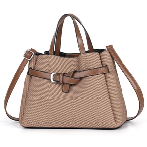 Brown vintage striped tote bag with woven texture, leather handles and adjustable strap