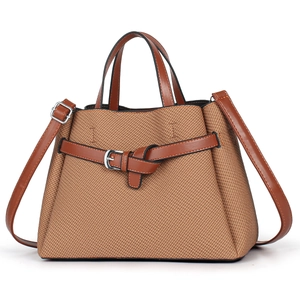 Brown woven texture handbag with leather straps and adjustable shoulder strap for women