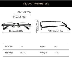 Detailed size chart for elegant metal reading glasses showing dimensions and weight