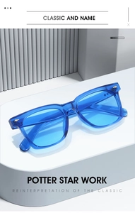 Detail of square blue sunglasses with golden arrow accents on a white display