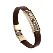 Close-up of brown braided leather bracelet featuring an engraved I Love Jesus metal tag