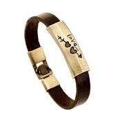 Detail of a multilayer brown PU leather bracelet with engraved love metal plaque