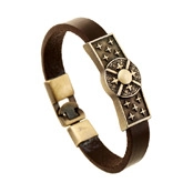 Detailed macro view of vintage layered brown PU leather bracelet with bronze metal charm