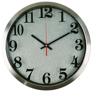 12-inch modern round wall clock with silver glitter dial and bold black Arabic numerals