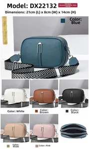 Detail view of pebbled leather crossbody bag with three-zipper layers and wide strap