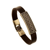 Detail view of dark brown leather nautical bracelet with antique metal greek key pattern