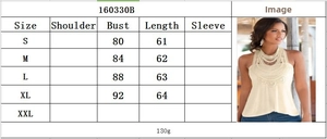 Detailed size chart for apricot embroidered sleeveless top with bust and length measurements