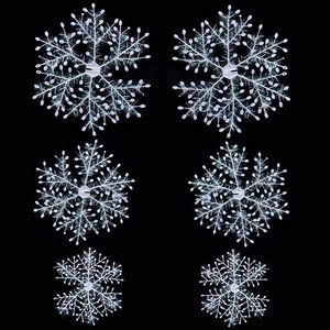 Set of 6 white plastic snowflake ornaments with glitter for Christmas tree decor
