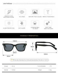 Detailed size chart for square frame sunglasses showing frame dimensions and PC material