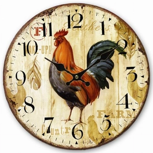 Detail of round vintage wooden clock featuring a rooster design and farm-style pattern