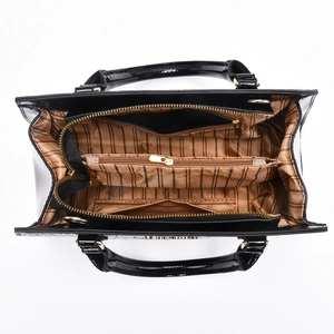 Internal view of the handbag showing double main compartments and zipper pocket divider