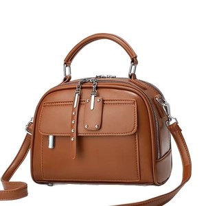 Minimalist large brown crossbody bag with dual zippers and silver hardware on white background