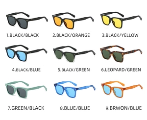 Detailed comparison of nine colored square sunglasses with rivet studs and UV protection