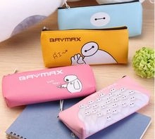 Detailed view of colorful Baymax themed PU pencil cases with cartoon prints and zippers