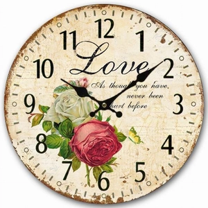 Vintage round wooden wall clock with floral rose patterns and artistic Love typography