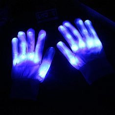 Detail view of LED skeleton gloves emitting bright blue light from the fingertips in the dark