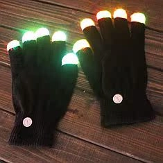 Detail of LED skeletal gloves showing luminous fingertips and ON/OFF switch on wrist