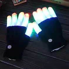 Macro detail of LED glowing fingertips on black knitted skull skeleton gloves for parties