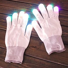 Detail of white LED knit skeleton gloves showing colorful glowing fingertips and wrist switch