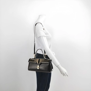 Black crocodile embossed patent leather handbag with gold metal lock for women