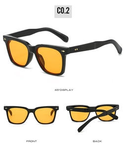 Three-way view of square sunglasses with yellow lenses and gold rivet accents