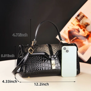 Large black patent faux leather handbag with crocodile texture and gold hardware details