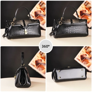 Black patent leather handbag with crocodile and snake skin patterns shown from multiple angles