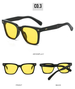 Three-way view of square sunglasses with yellow lenses and vintage gold rivet details
