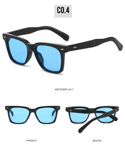 Detail views of square sunglasses with blue lenses, gold rivets, and star temple accents
