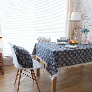 Navy blue linen tablecloth with tree patterns and beige lace trim for dining decor