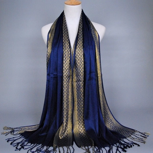 Women Long Scarf Cotton Gold Metallic Thread Shawl Wrap With Tassels Geometric Pattern Elegant Evening Accessory