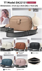 Detail view of mini crossbody bag showing triple zipper compartments and woven strap