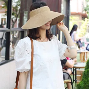 Foldable wide brim straw sun hat for women with open top design in natural khaki finish