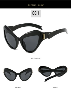 Vue détaillée de lunettes de soleil œil de chat noires avec charnières dorées sous divers angles