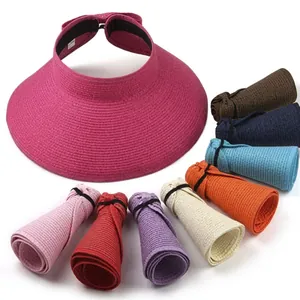 Women Girls Straw Sun Visor Hat Open Top Foldable Large Brim Bow Beach Summer Breathable Packable Travel Accessory