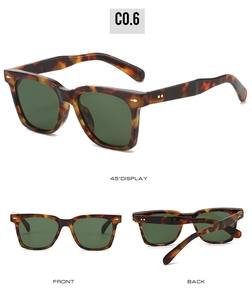 Detail view of tortoiseshell square sunglasses with UV lenses and gold metal rivet accents