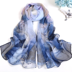 Elegant lotus floral print long silk scarf for beach sun protection in light blue and purple