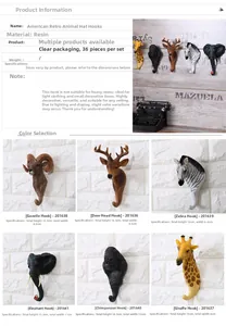 Detailed dimensions and styles for resin animal head wall hooks in vintage american style