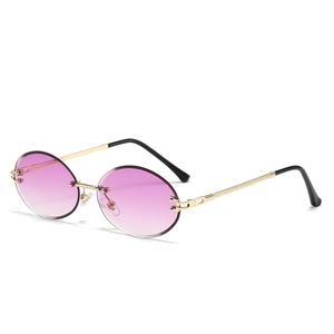 Rimless oval sunglasses with gradient purple lenses and gold rope-patterned metal frames