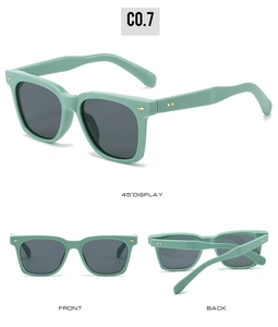 Three-view layout of Morandi green square sunglasses with gold arrow studs and gray lenses