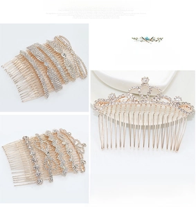Detail view of gold alloy hair combs with sparkling rhinestones in crown and bow designs