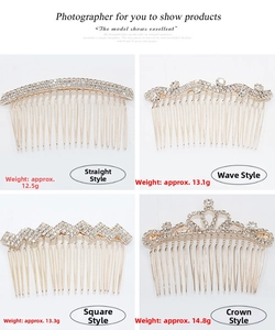 Detailed views of four rhinestone hair combs in crown, wave, and geometric styles
